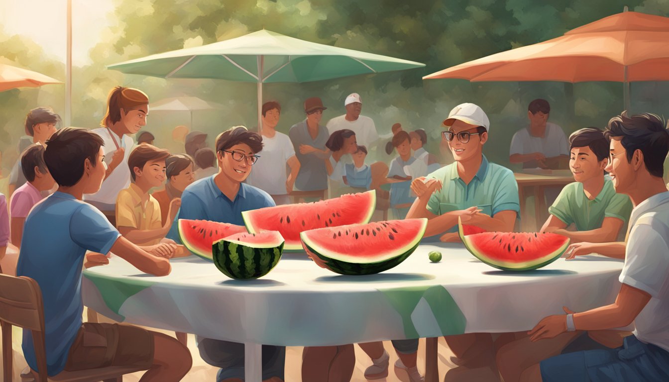 A juicy watermelon sits on a table surrounded by eager players