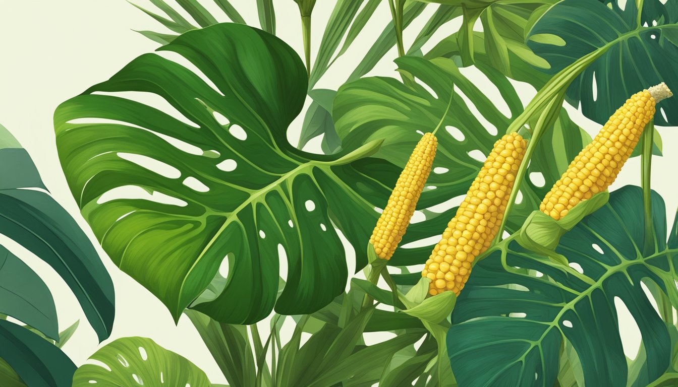 A lush Monstera Deliciosa plant with large, corn on the cob-like fruit hanging from its vines amidst a vibrant tropical jungle backdrop