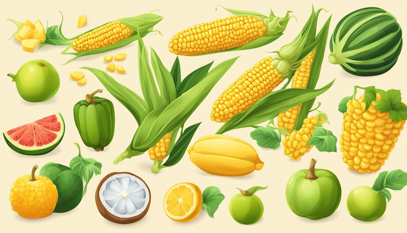 A corn on the cob surrounded by various fruits for nutritional comparison