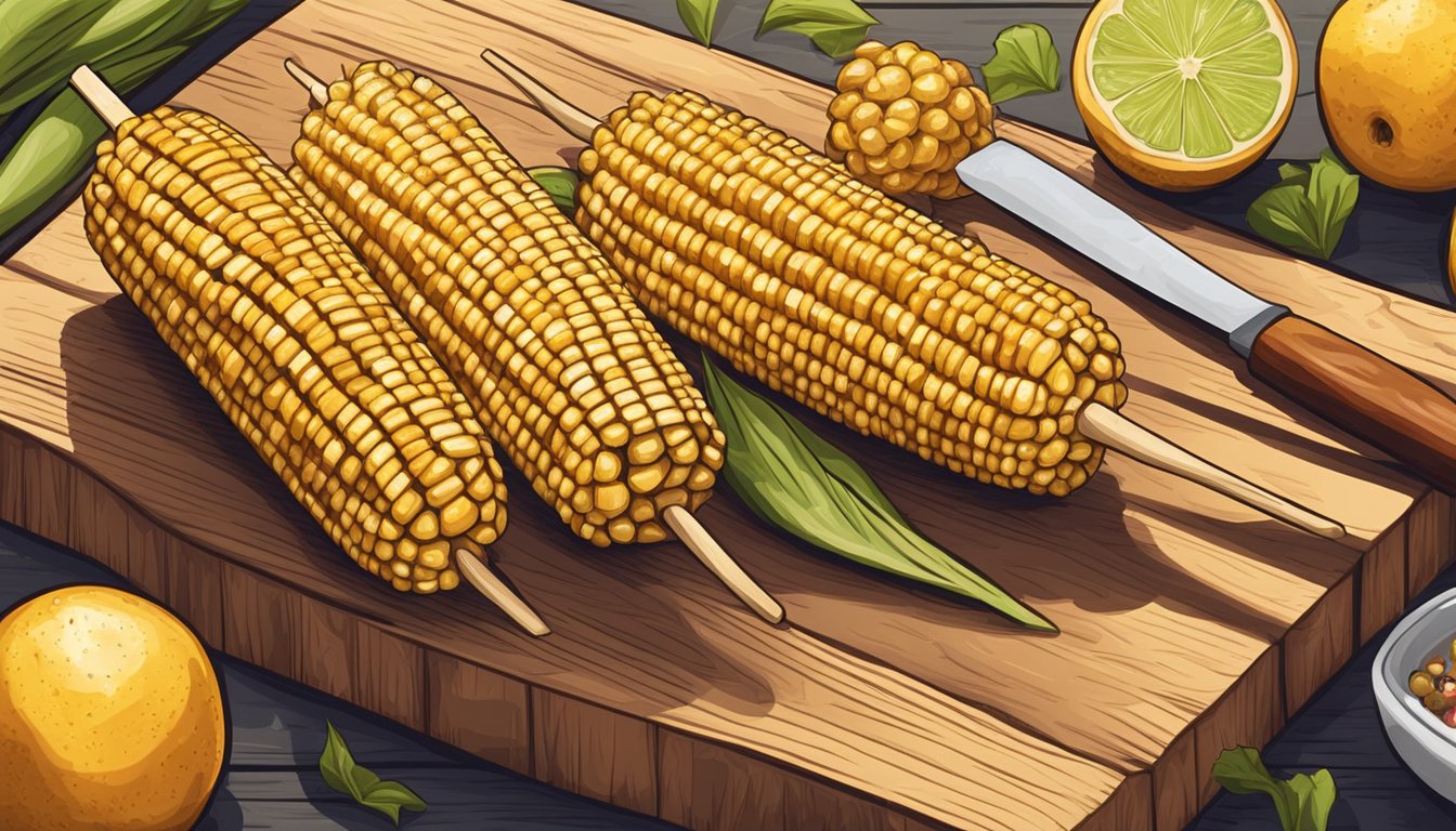 A hand holding a grilled corn on the cob with a fruit skewer next to it on a wooden cutting board