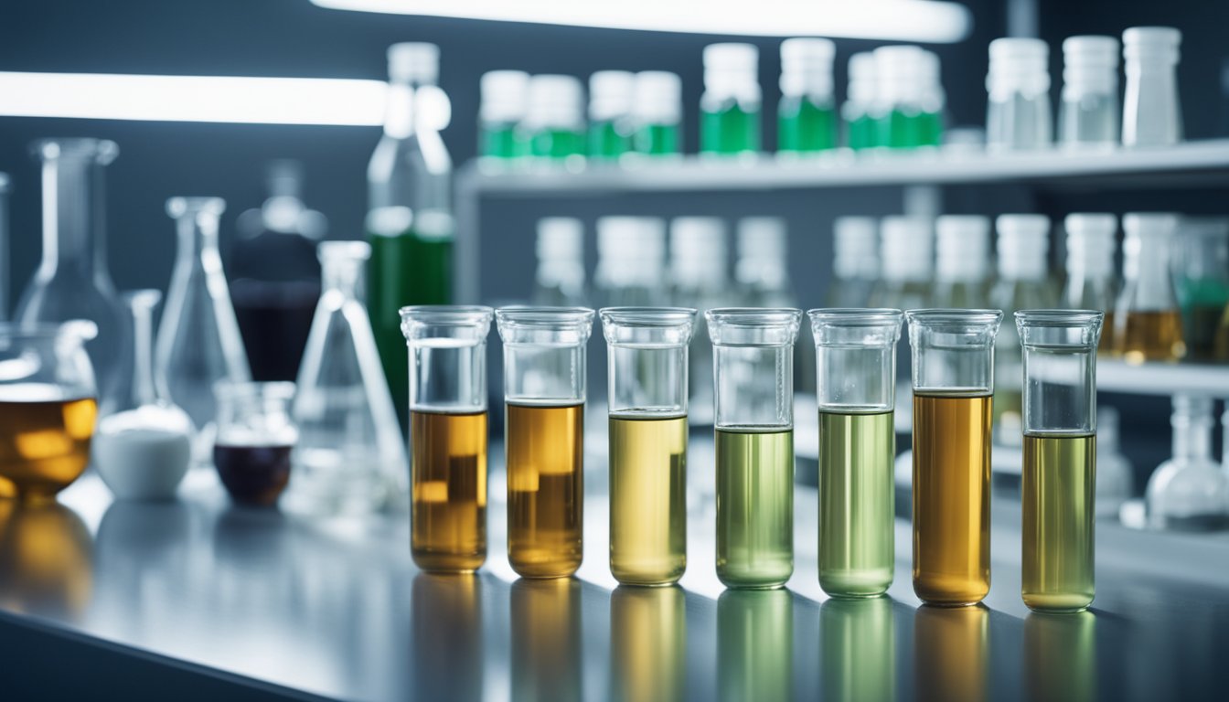 A laboratory setting with test tubes and beakers filled with xylooligosaccharides and inulin, with scientists conducting experiments and analyzing the substances