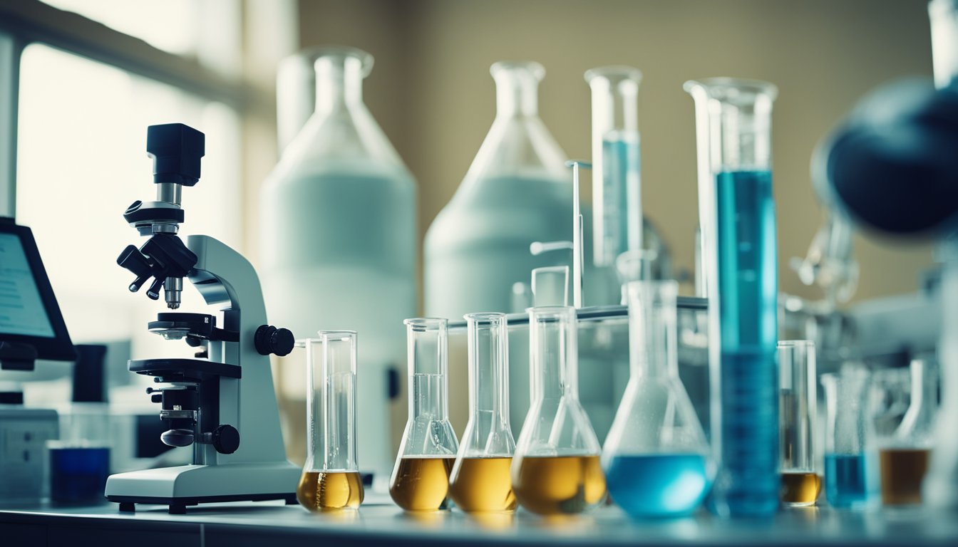 A laboratory setting with beakers, test tubes, and scientific equipment. Xylooligosaccharides and inulin molecules are being analyzed and compared under a microscope