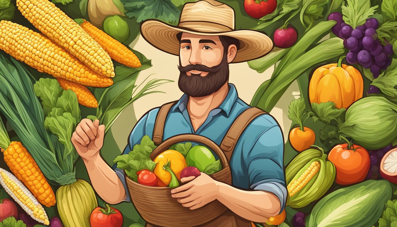 A farmer in a straw hat holds a freshly-picked corn on the cob, surrounded by a variety of colorful fruits and vegetables