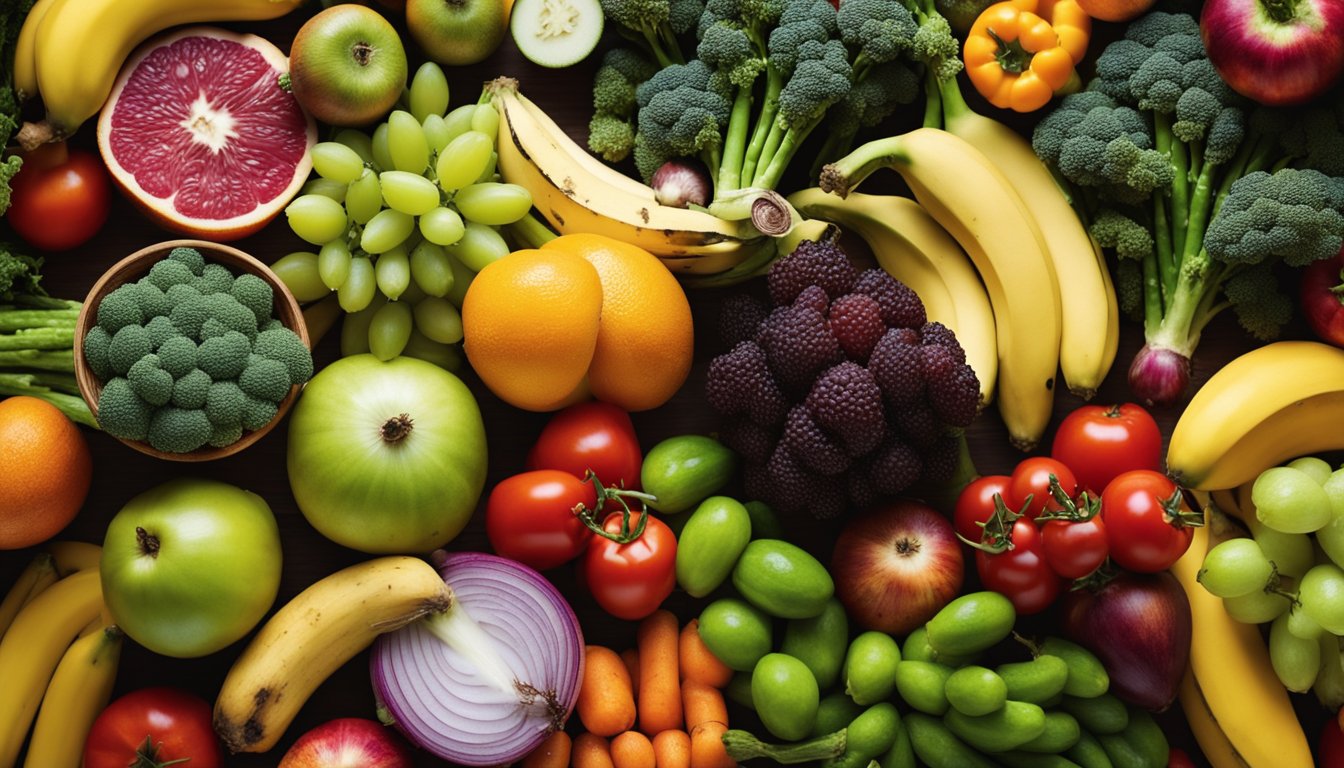 A colorful array of fruits and vegetables, with a focus on fiber-rich foods like bananas, onions, and asparagus