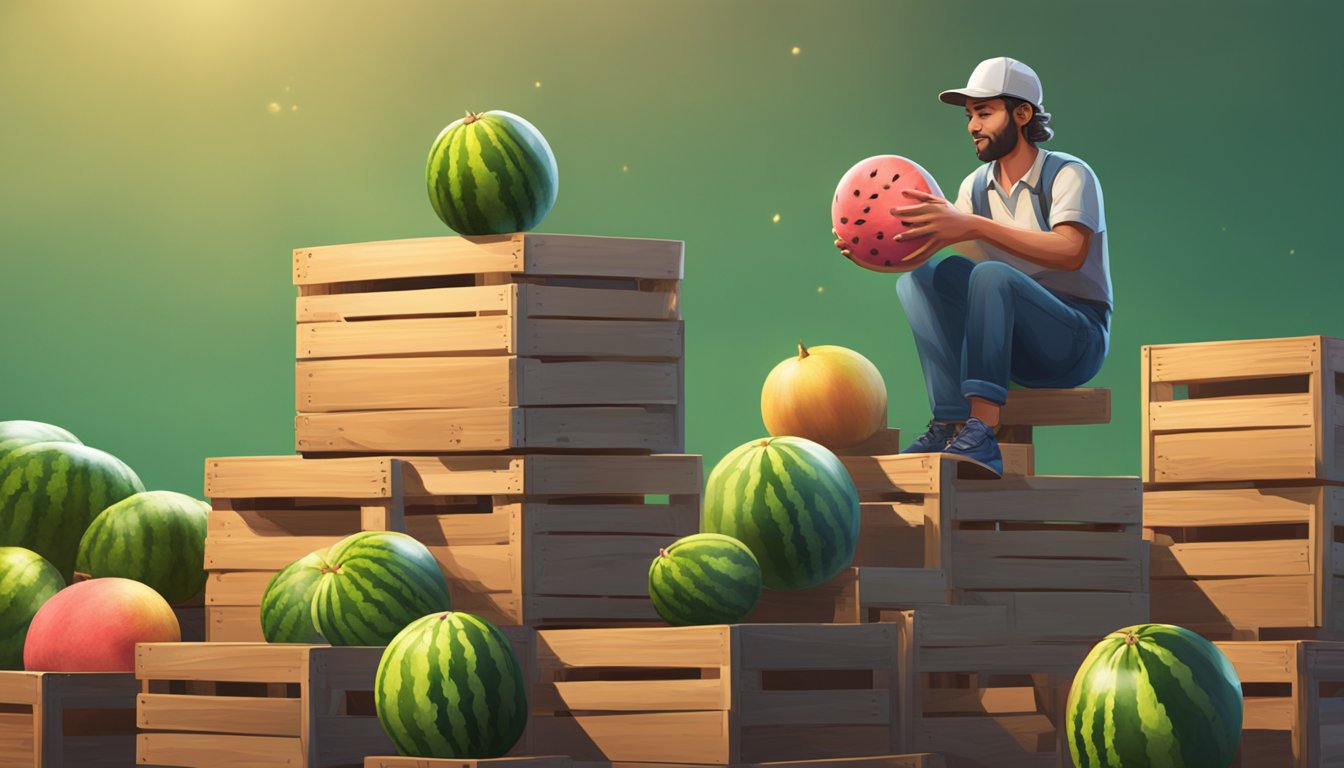 A watermelon sits atop a stack of crates. A player aims a small ball at the fruit, trying to knock it off without toppling the crates