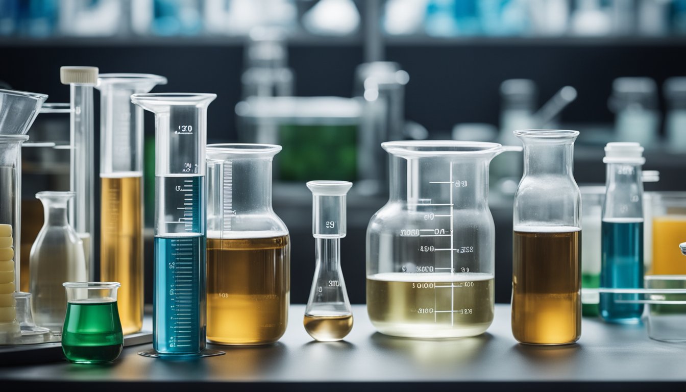 A laboratory setting with beakers, test tubes, and scientific equipment, showcasing the comparison between xylooligosaccharides and inulin