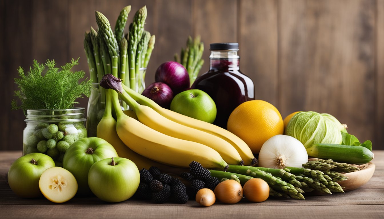 A variety of fruits and vegetables, such as bananas, onions, and asparagus, arranged on a table with a jar of Xylooligosaccharides and a jar of inulin