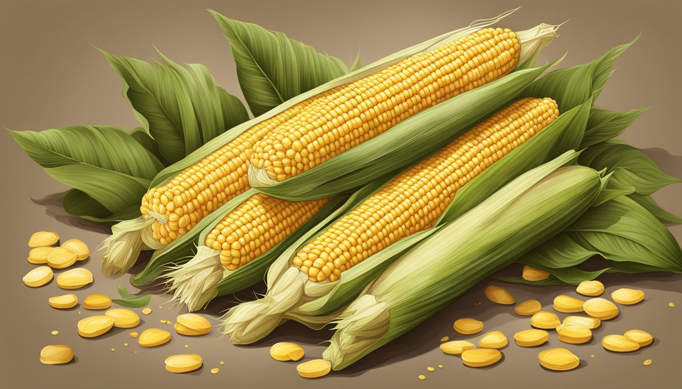 A rustic scene with a pile of corn on the cob surrounded by corn leaves, showcasing the historical and cultural significance of this staple food