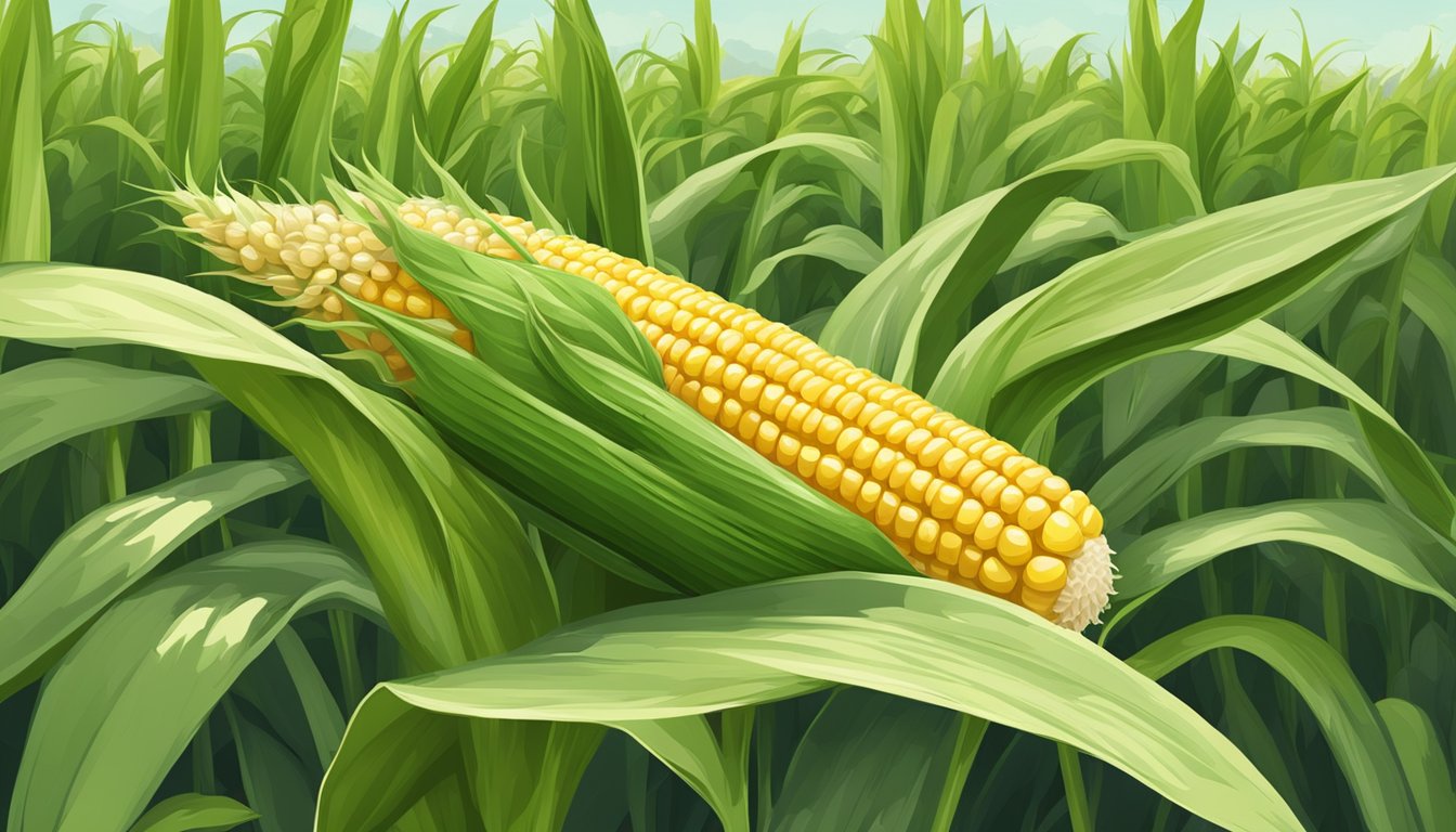 A ripe ear of corn with green leaves in a field