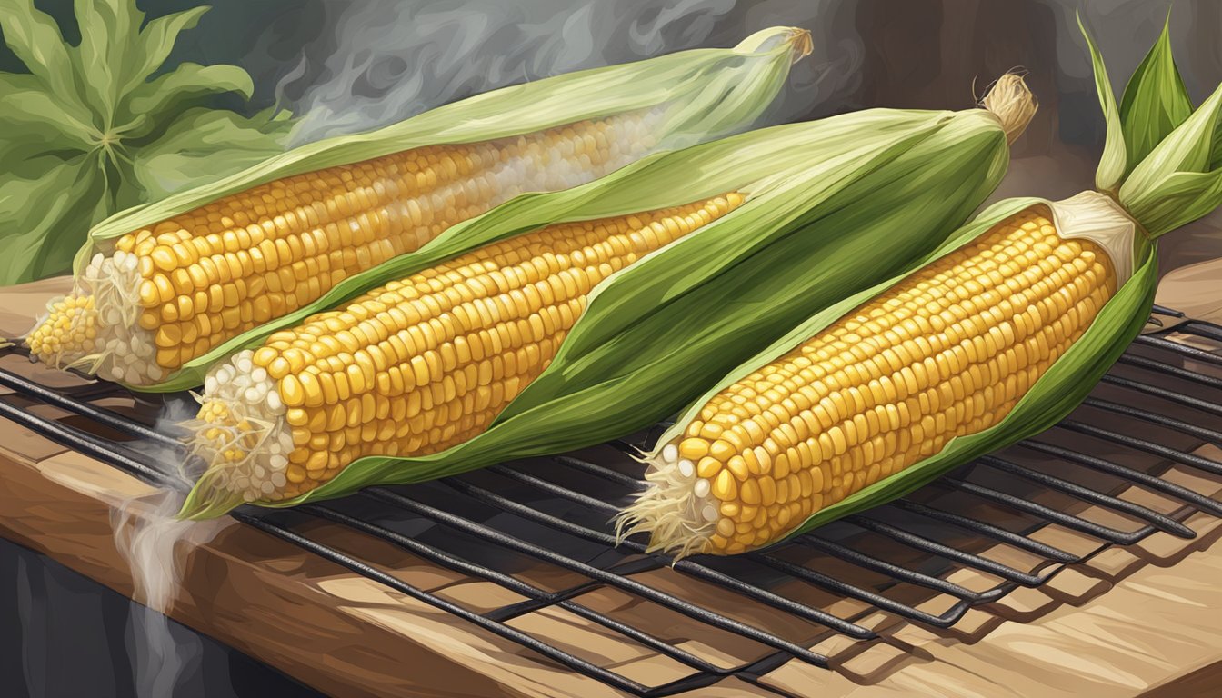 Corn on the cob being grilled over an open flame, with the husk pulled back and tied, revealing the kernels and leaving the leaves intact