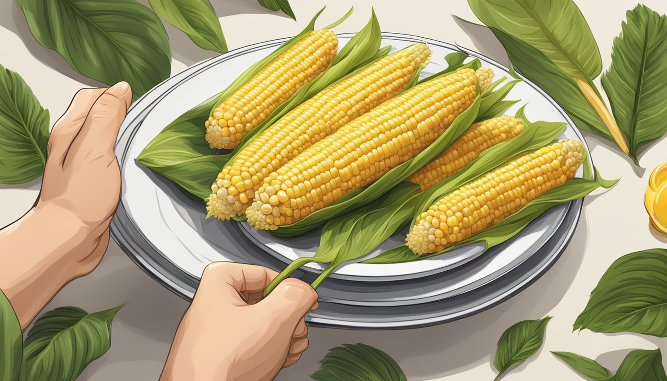 A hand holding a cooked corn on the cob with leaves on a plate