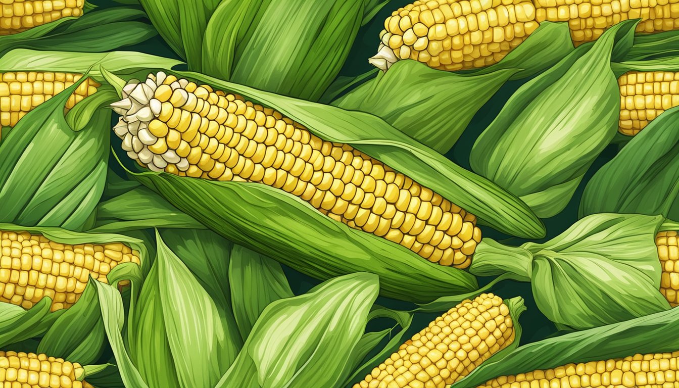 Fresh corn on the cob surrounded by green leaves