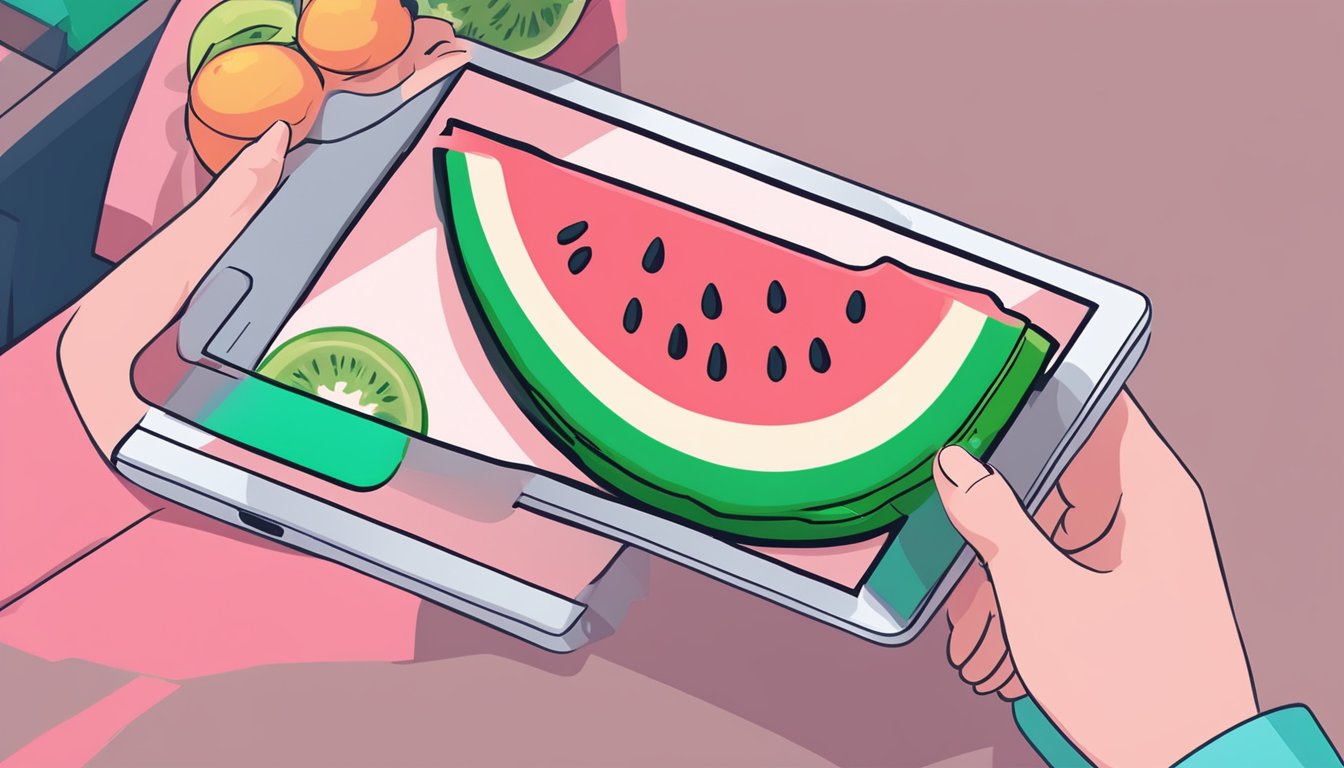 A hand holding a credit card and a Nintendo Switch, with a watermelon-themed game displayed on the screen