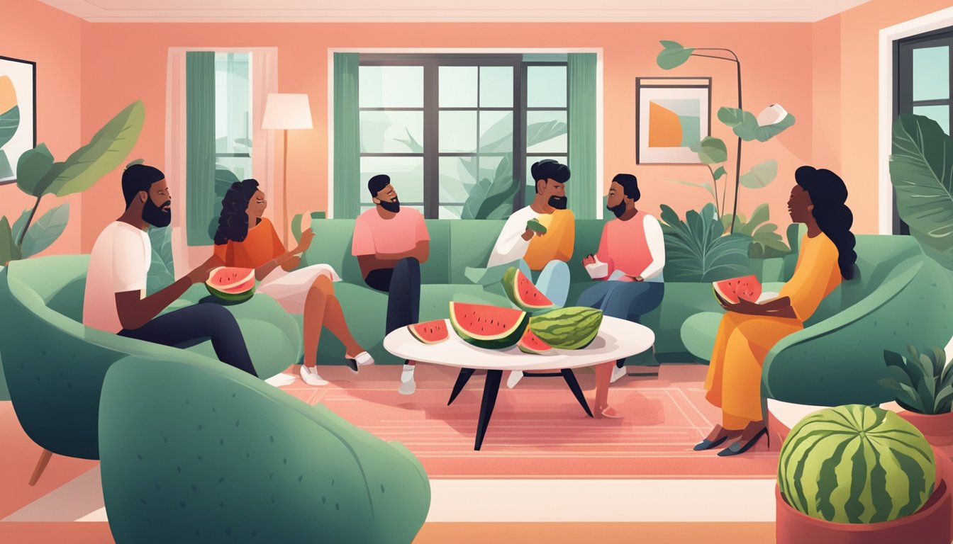 A watermelon sliced on a platter, surrounded by a diverse group of people conversing and laughing in a stylish, modern living room