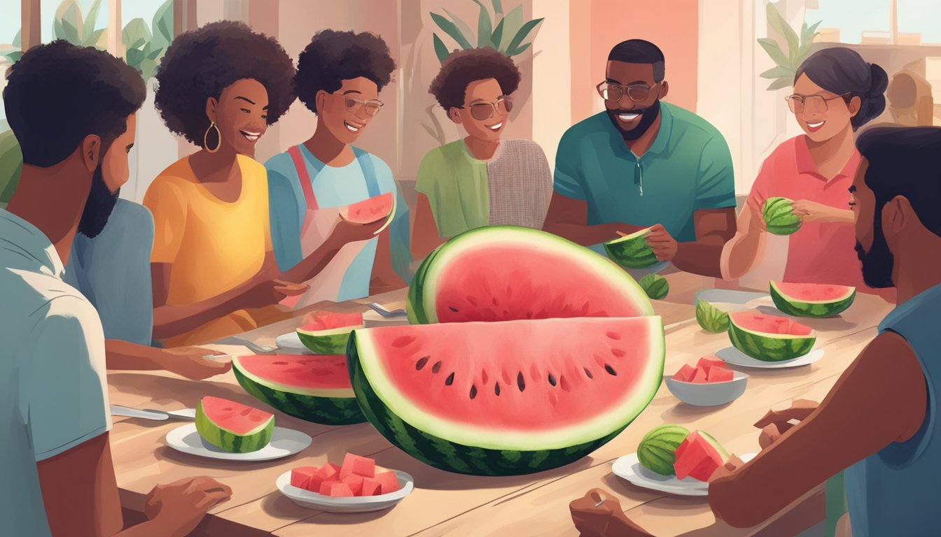 A watermelon being sliced open on a table, surrounded by a diverse group of people enjoying the fruit together