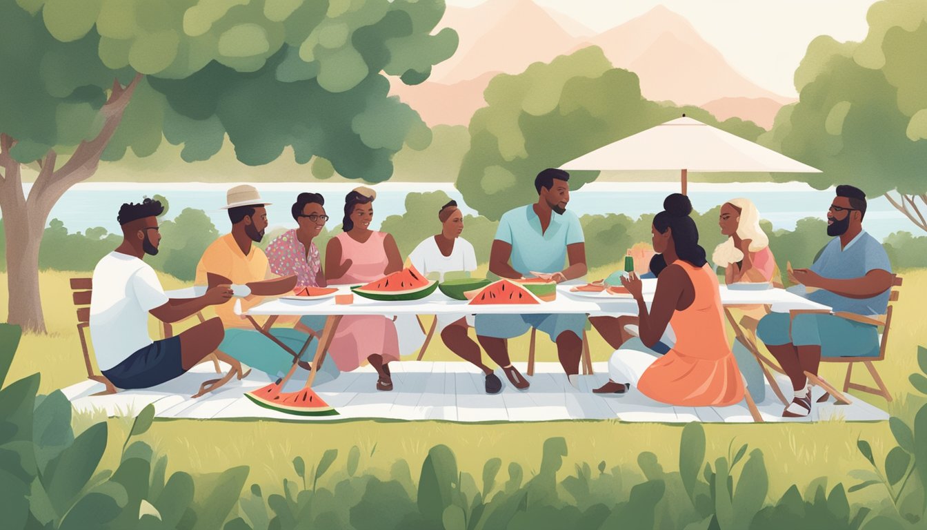 A picnic table set with a pristine white tablecloth, a sliced watermelon, and a group of diverse people engaged in conversation