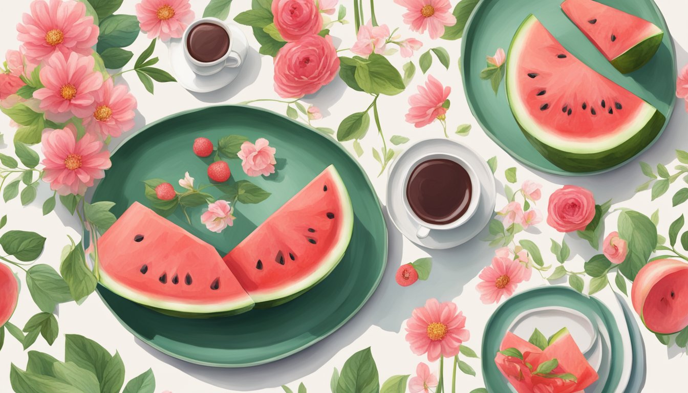 A watermelon sliced into neat, bite-sized pieces on a platter, surrounded by elegant place settings and a vase of flowers