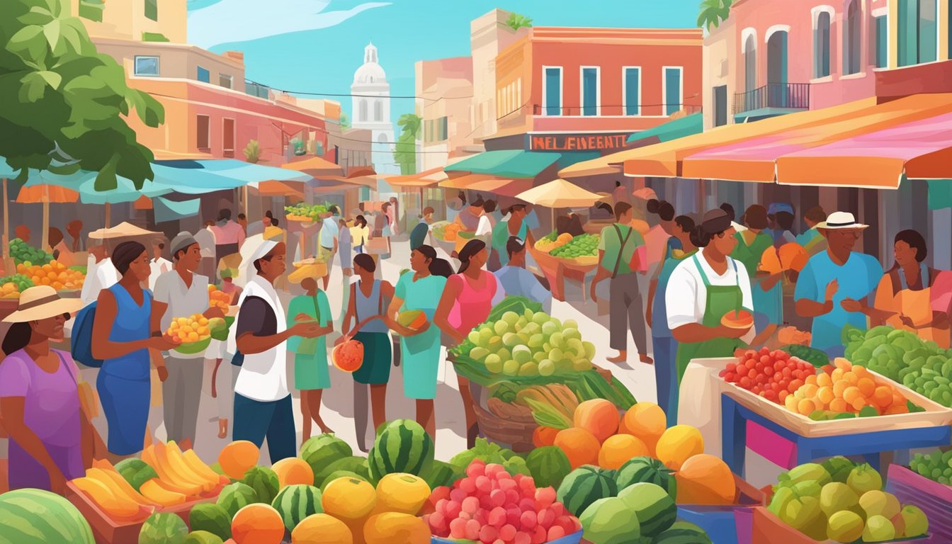 A vibrant market with colorful signs and a variety of fruits, including a watermelon, surrounded by Spanish-speaking people