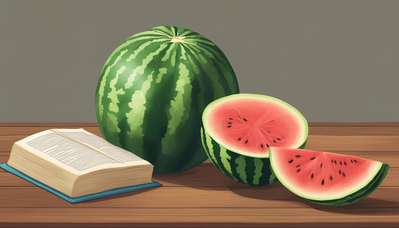 A red and green watermelon sits on a wooden table, with a Spanish dictionary open to the word "sandía."