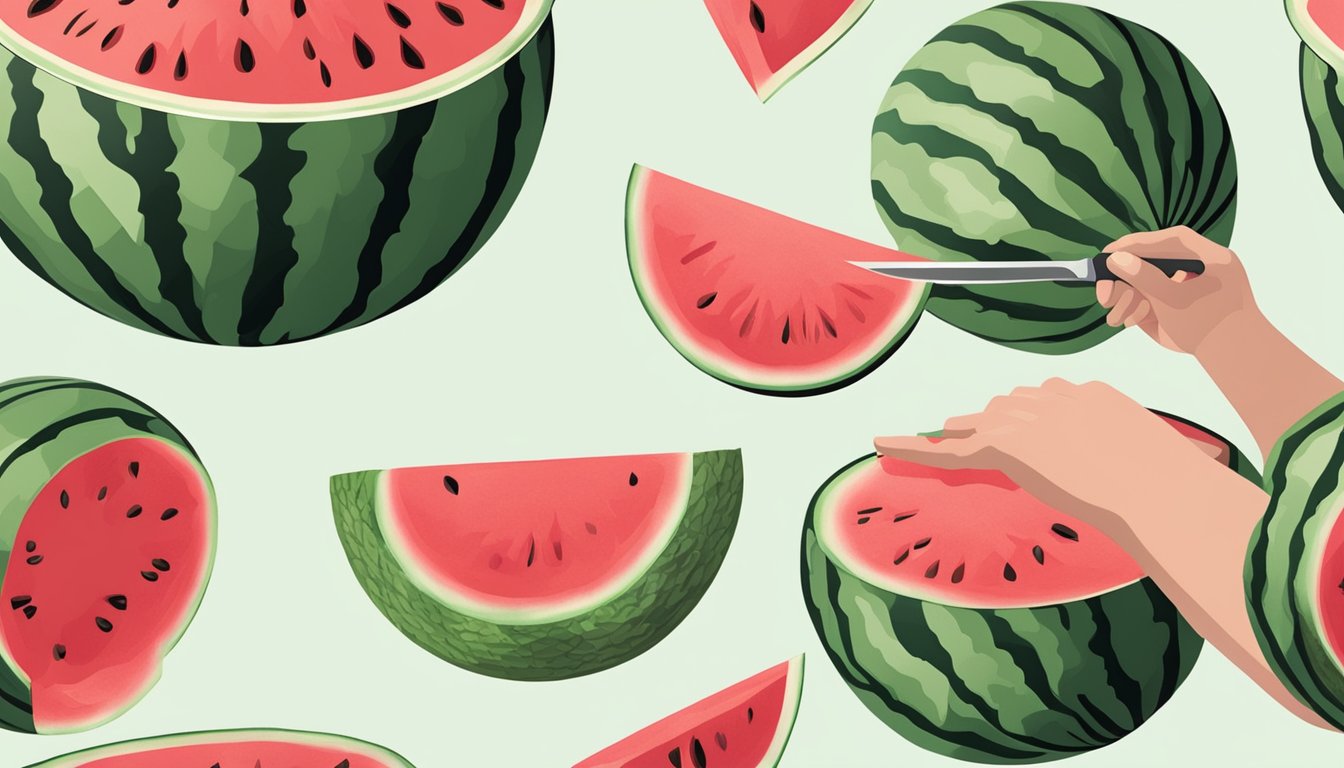 A hand reaching for a ripe watermelon, a knife slicing into its flesh, and the watermelon being carved into a basket shape