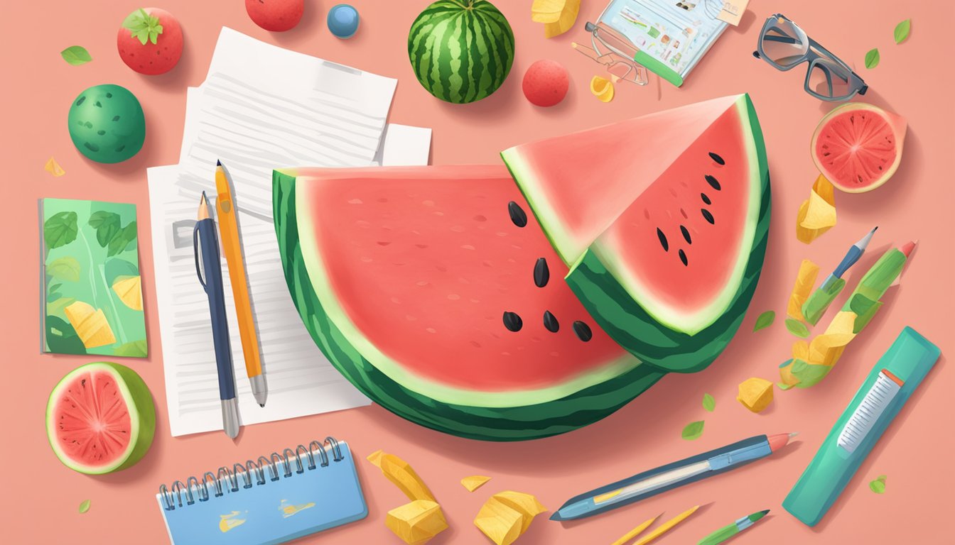 A juicy watermelon surrounded by Spanish learning materials