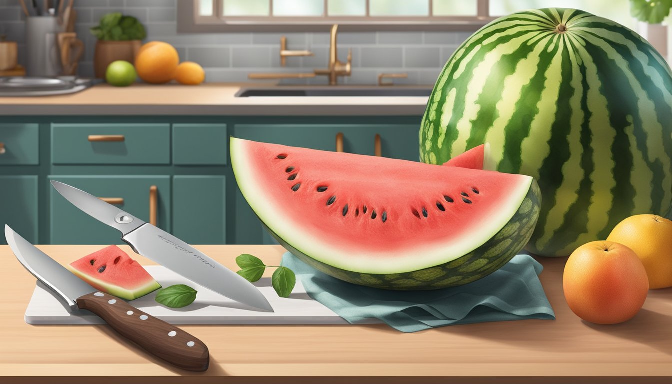 A ripe watermelon sits on a kitchen counter, surrounded by a knife, cutting board, and a bowl of freshly cut fruit