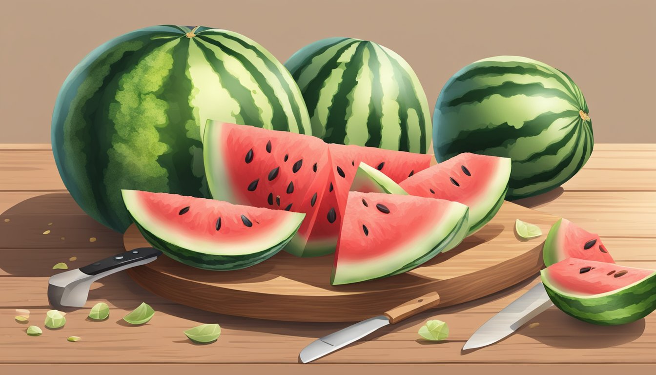 A watermelon being sliced open on a wooden cutting board, with seeds scattered around and a few slices arranged on a plate