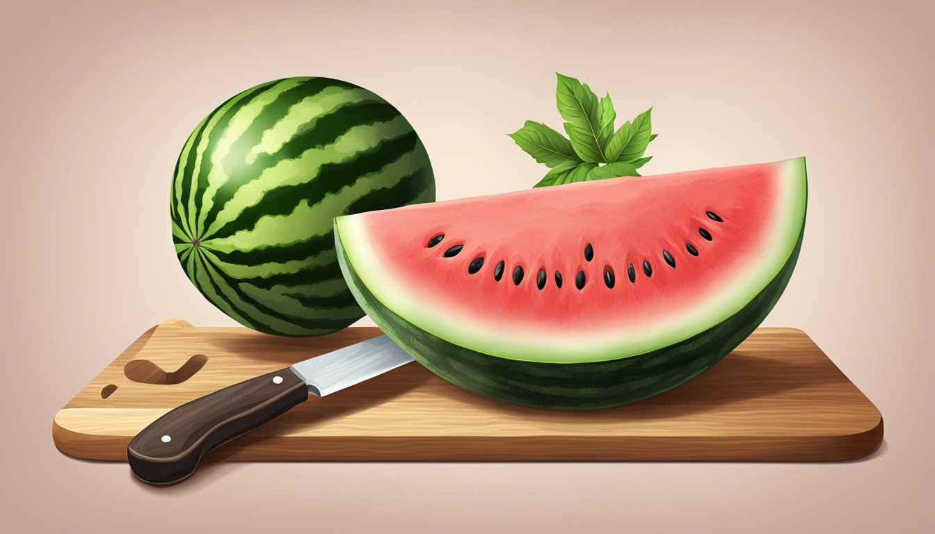 A watermelon being sliced with a knife on a cutting board, with the word "watermelon" translated into Italian written in the background