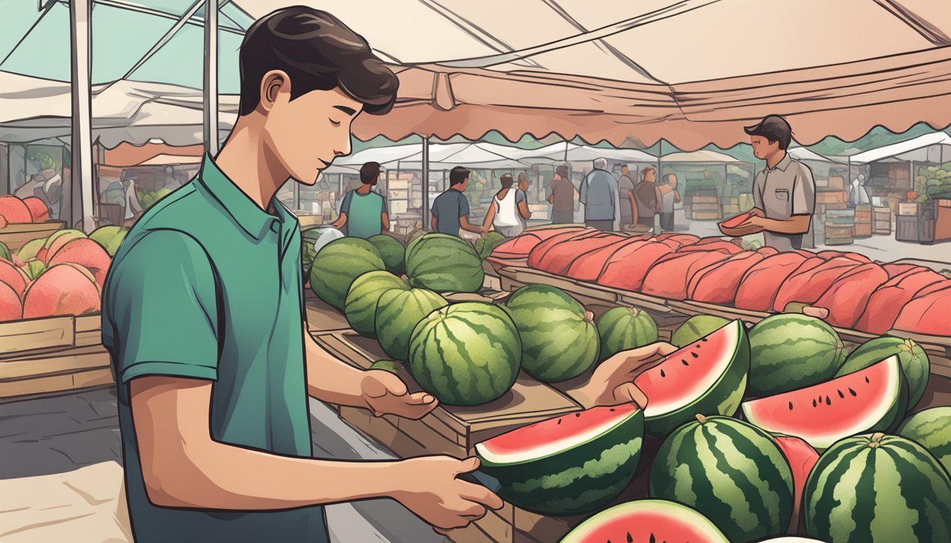 A person selecting a ripe watermelon at a market, then placing it in a cool, shaded area for storage