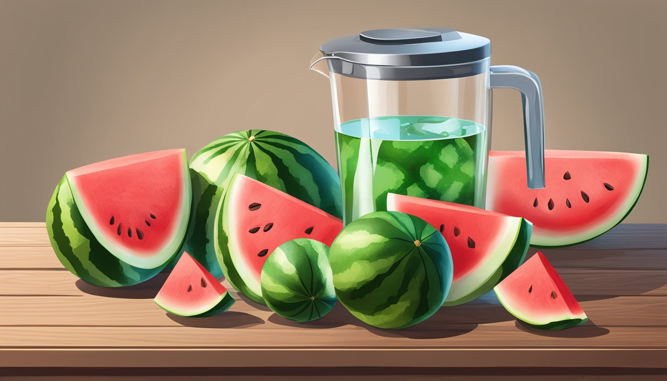 A shaker filled with watermelon chunks sits on a wooden table, surrounded by slices of fresh watermelon and a pitcher of water