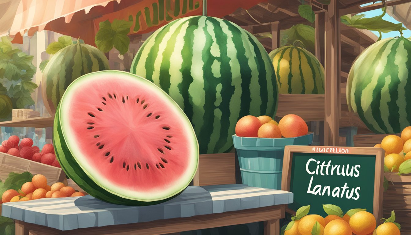 A ripe watermelon next to a sign reading "Citrullus lanatus" in a vibrant Italian market