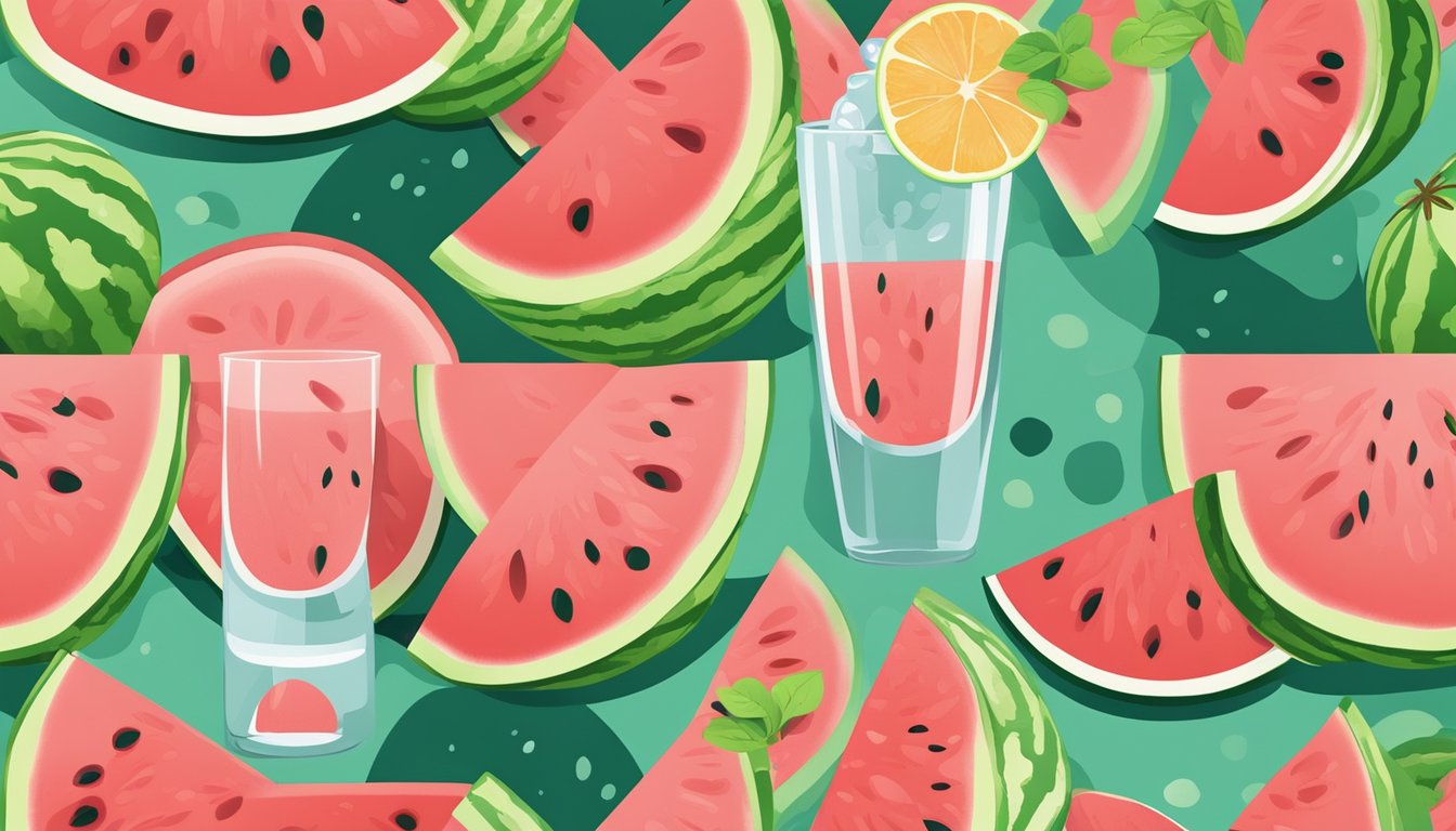 A watermelon-themed shaker surrounded by vibrant fruit slices and a refreshing glass of water