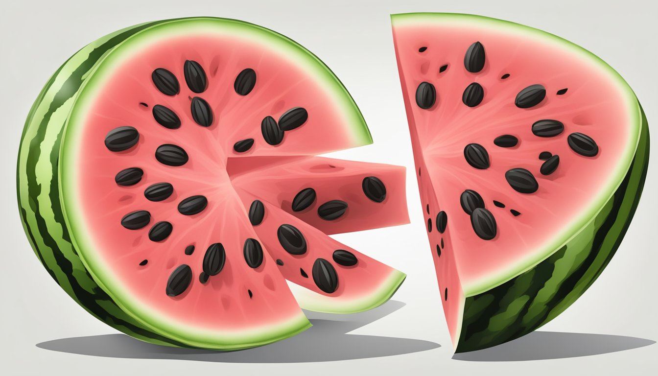 A ripe watermelon with green and striped rind, cut open to reveal the juicy red flesh and black seeds