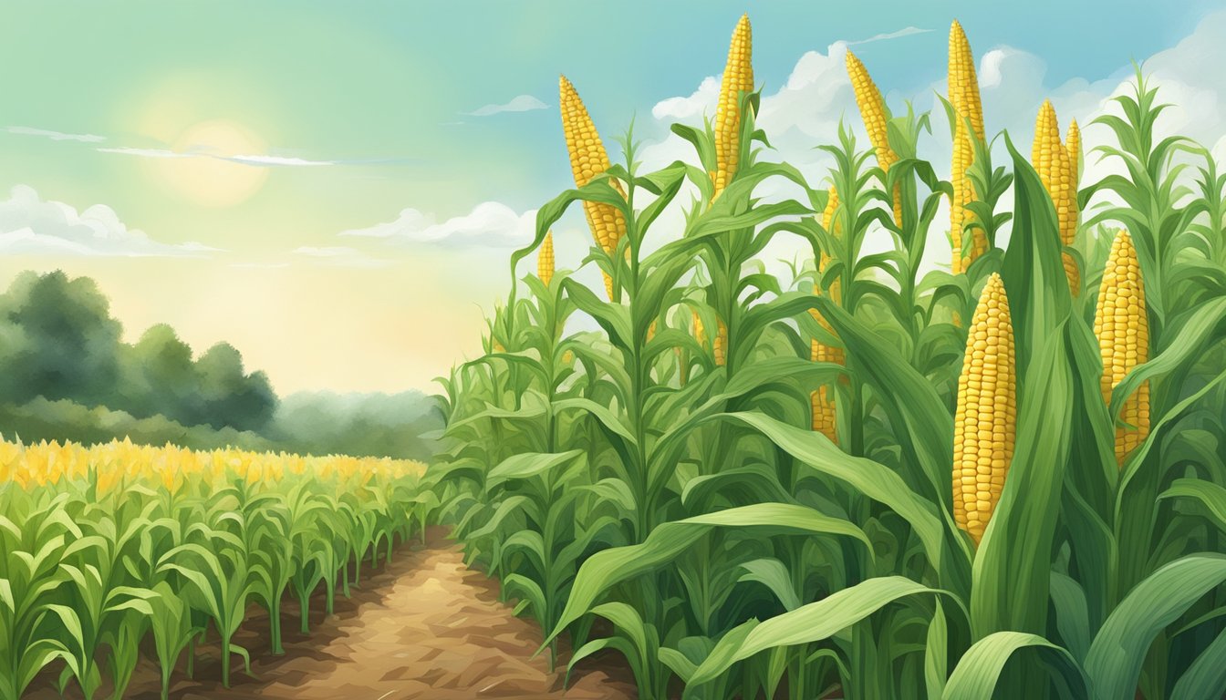 A healthy corn on the cob plant growing in a field, surrounded by other plants and trees, with clear skies and a gentle breeze