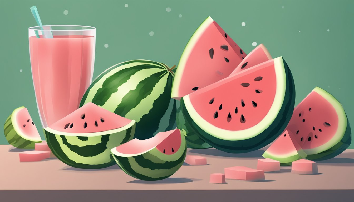 A watermelon shaker sits on a table, surrounded by slices of watermelon. The sound of shaking can be heard in the background