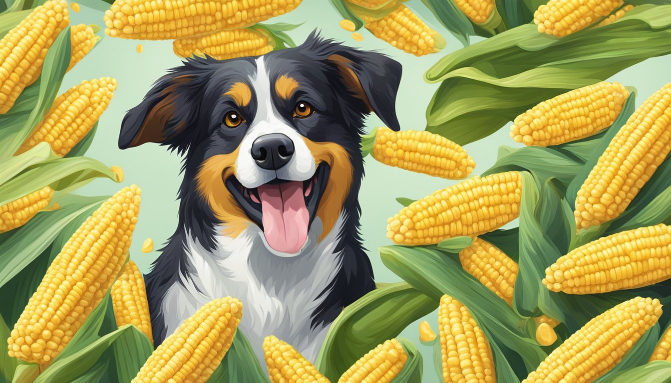 A happy dog munching on a cob of corn, with a shiny coat and bright eyes