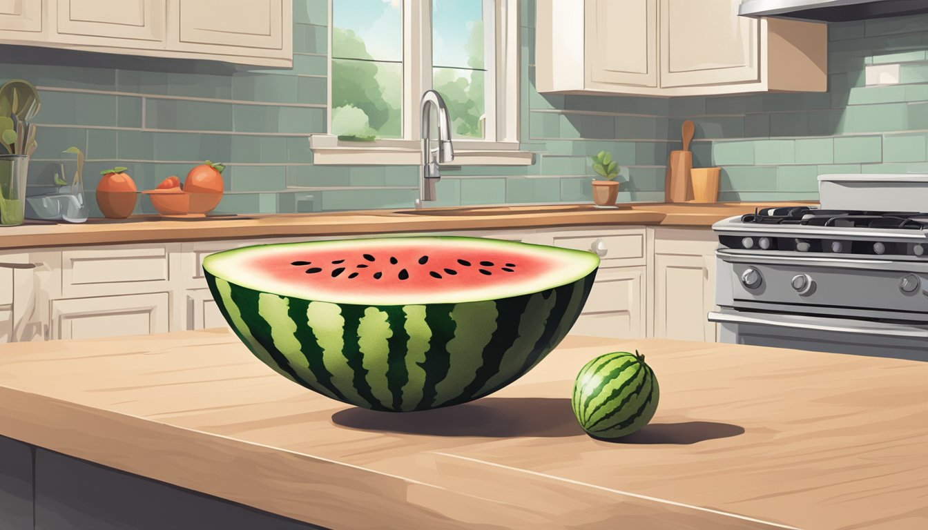 A hand reaching for a ripe watermelon, while a shaker sits nearby on a kitchen counter