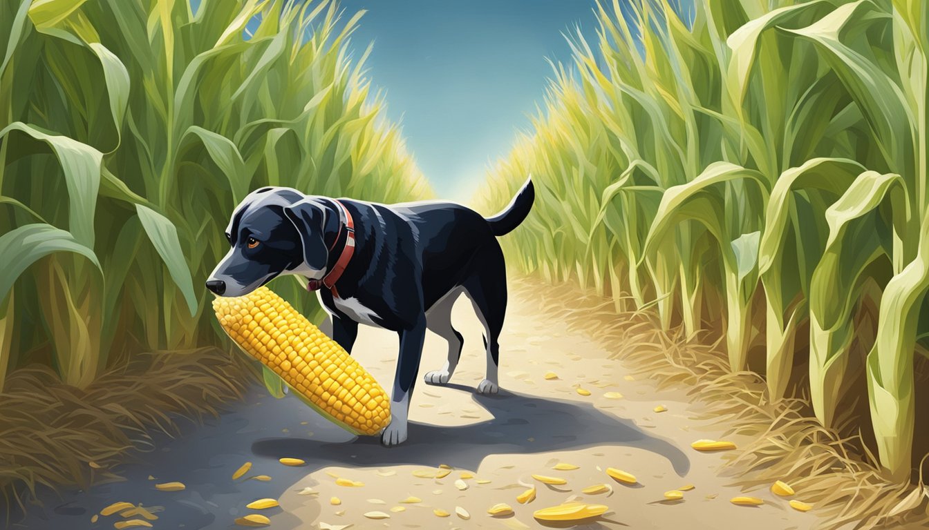 A dog sniffing and pawing at a corn cob stuck in a narrow passage