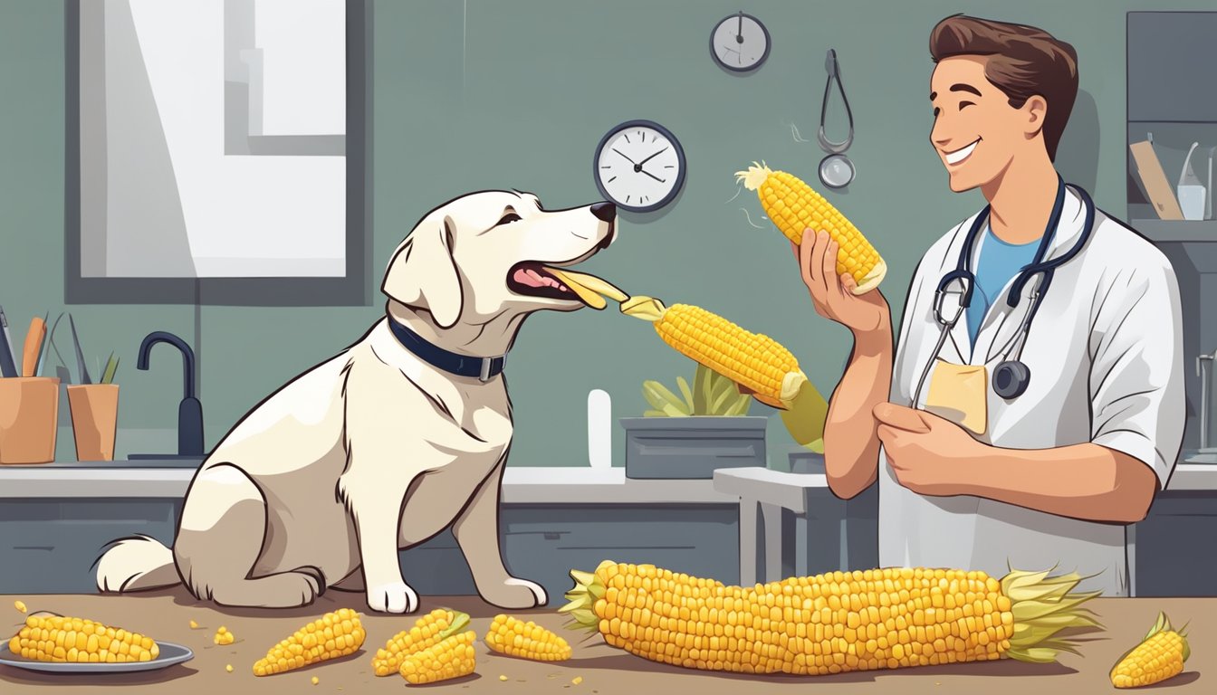 A dog happily chewing on a corn on the cob while a veterinarian advises on proper management