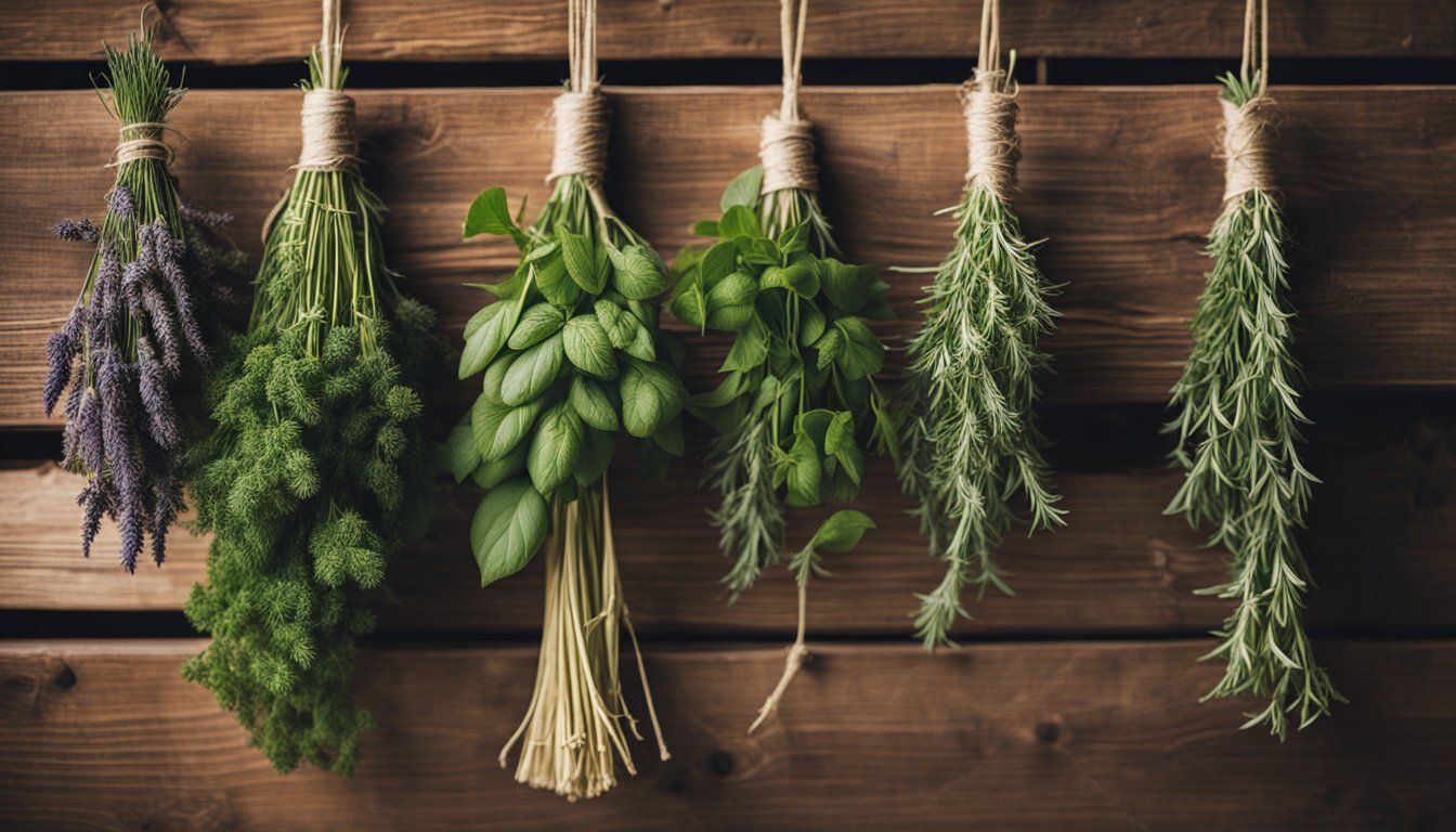 Bundles of dried herbs hang from a wooden beam, showcasing their value and long shelf life