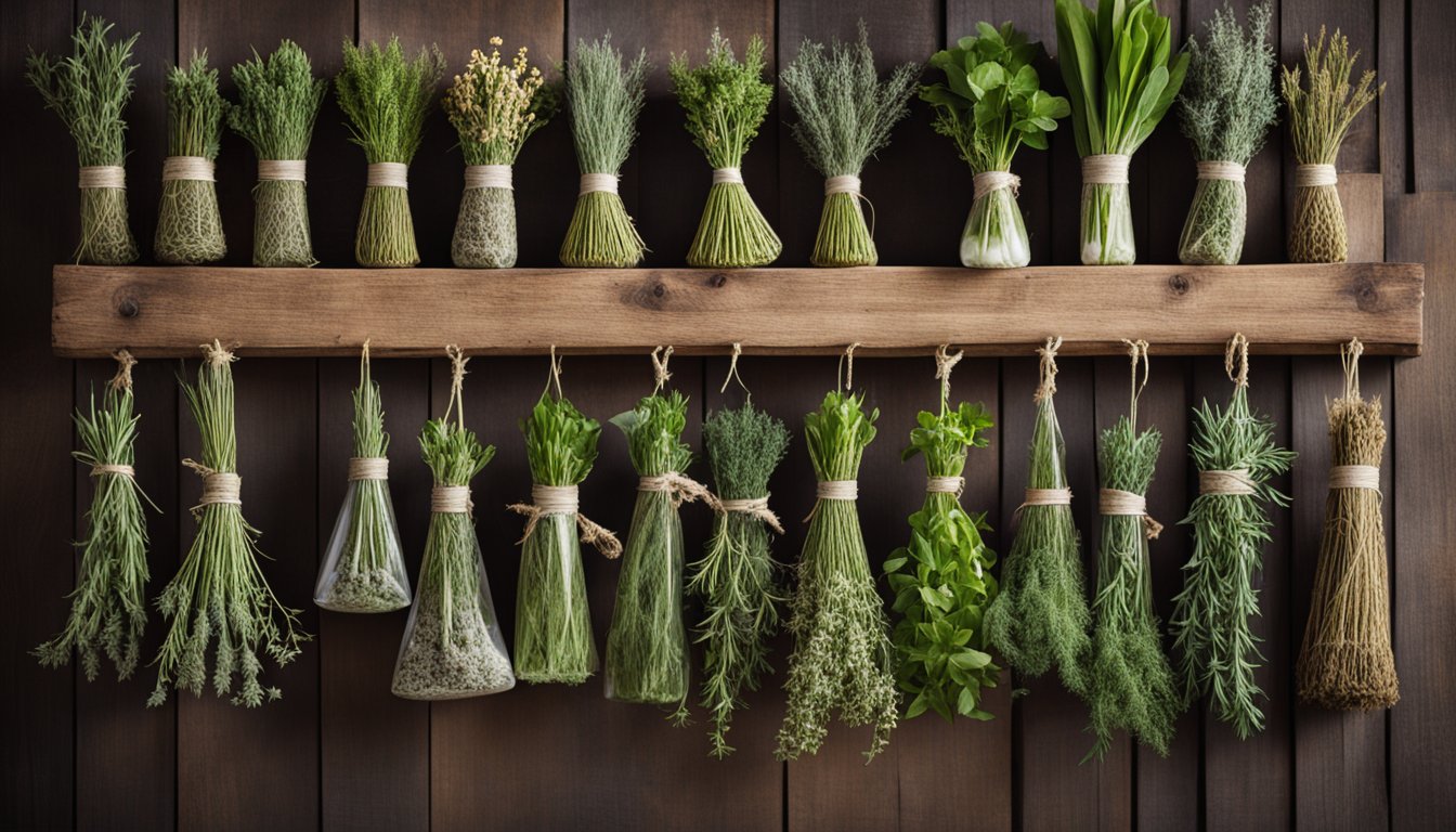 Bundles of dried herbs hang from a rustic wooden beam, showcasing their value and long shelf life