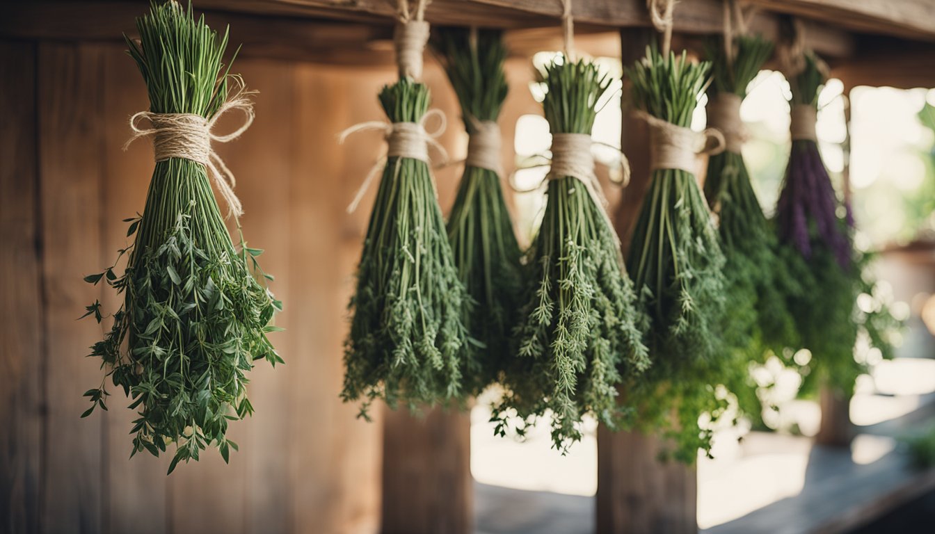 Bundles of dried herbs hang from a wooden beam, showcasing their value and long shelf life