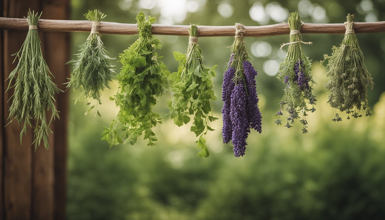 Bundles of dried herbs hang from a wooden beam, showcasing their value-added potential and long shelf life