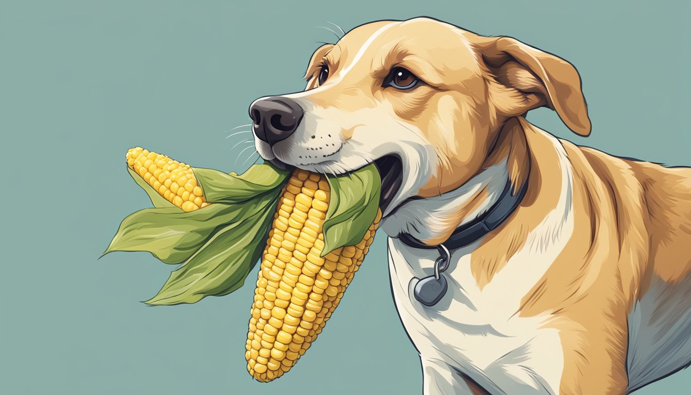 A dog happily chewing on a corn on the cob with a concerned owner gently taking it away