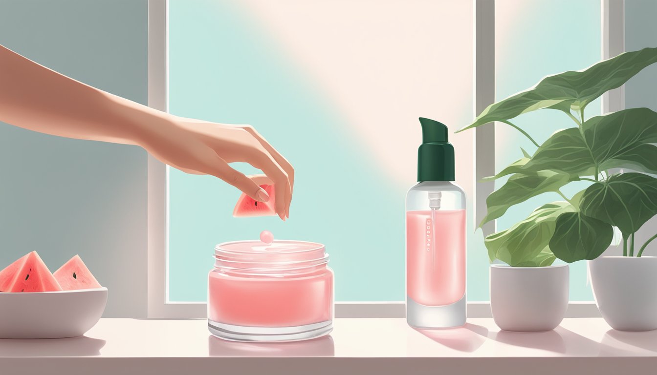 A hand reaching for a bottle of Glow Recipe watermelon glow niacinamide dew drops on a clean, minimalist vanity table with natural light streaming in from a window