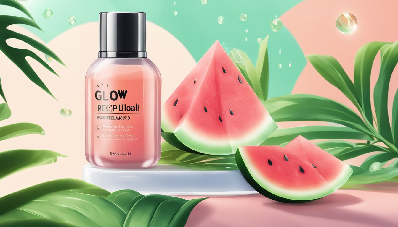 A bottle of Glow Recipe Watermelon Glow Niacinamide Dew Drops being gently dispensed onto a palm-sized leaf, with droplets glistening in the sunlight