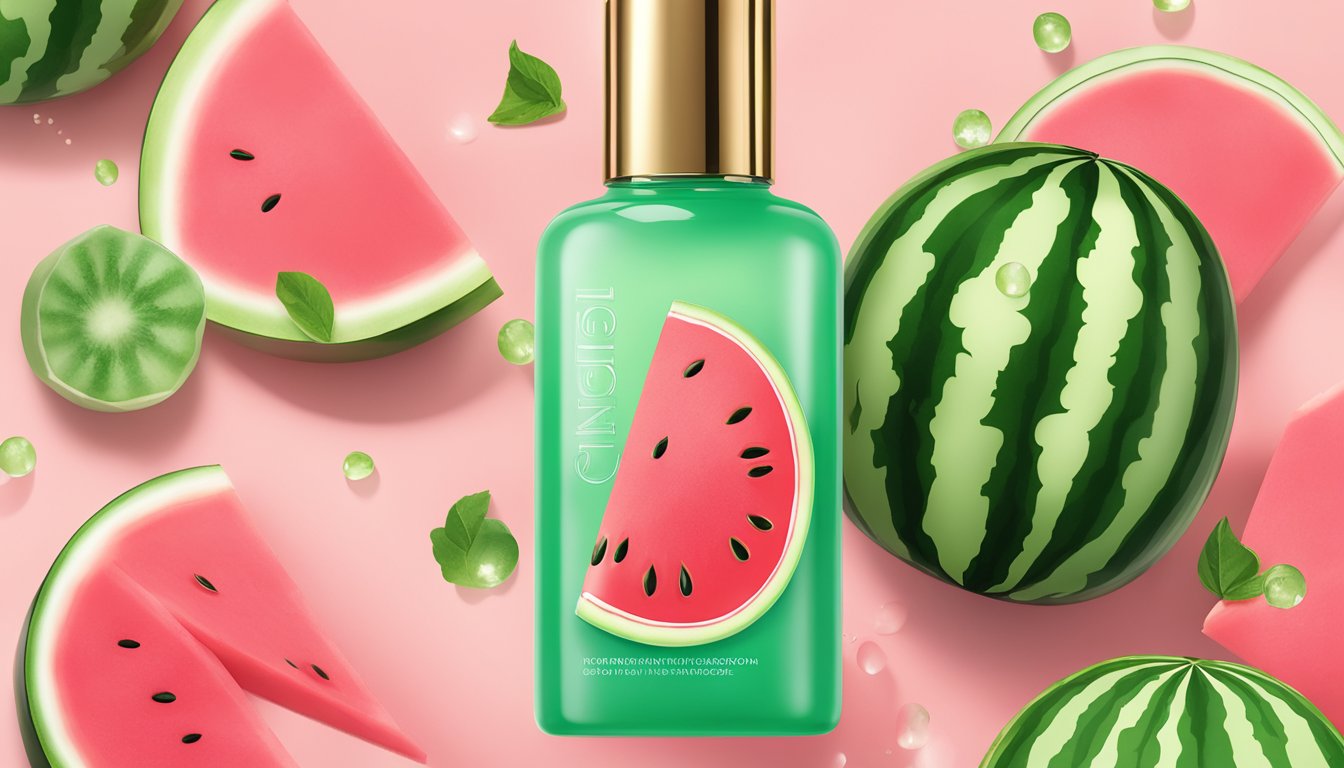 A bottle of Glow Recipe Watermelon Glow Niacinamide Dew Drops surrounded by watermelon slices and a dewy, glowing complexion