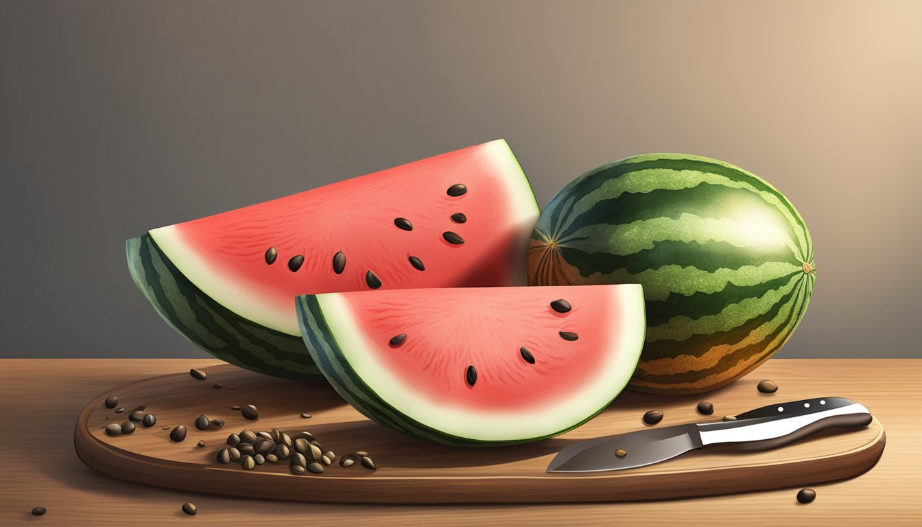 A ripe watermelon on a wooden cutting board with a knife and scattered seeds