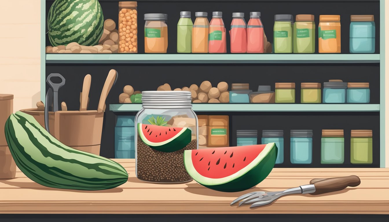 A hand reaching for a packet of watermelon seeds on a shelf next to gardening tools and soil