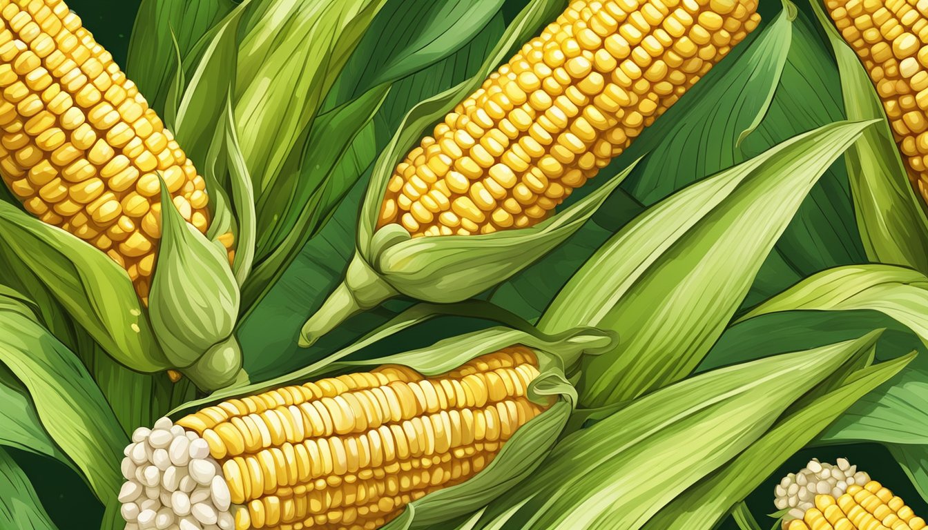 A ripe ear of corn on the cob with kernels exposed, surrounded by vibrant green leaves and a few scattered loose kernels